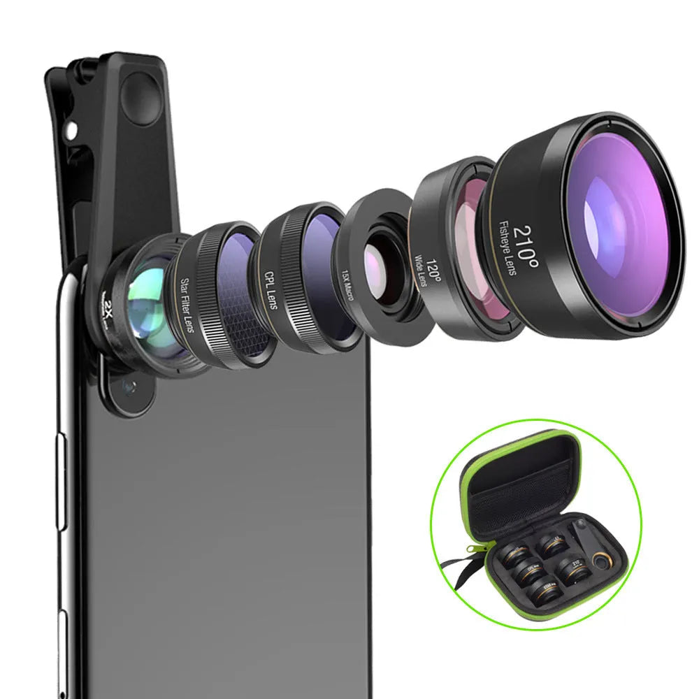 6 in 1 smartphone camera lens kit with fisheye, wide angle, macro and telephoto lenses in black aluminium housings