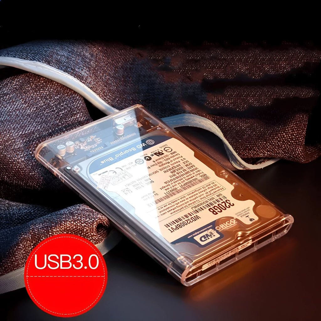 ORICO 2139U3 transparent 2.5-inch HDD enclosure, USB 3.0, 124.5 x 79 x 13mm, blue LED