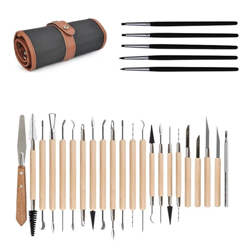 27-piece brown pottery clay tool set with rolling pin and stainless steel tools in an OPP bag.