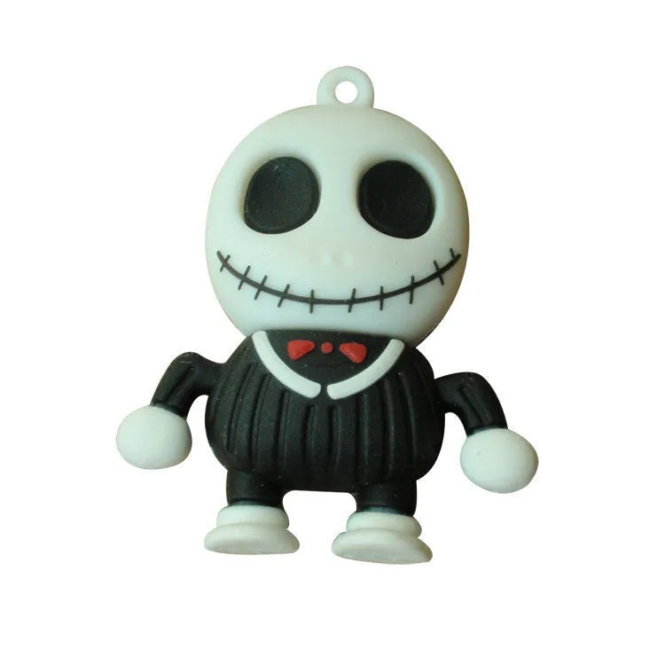 Halloween skull skeleton design USB flash drive with small attachment chain showing multiple capacity options