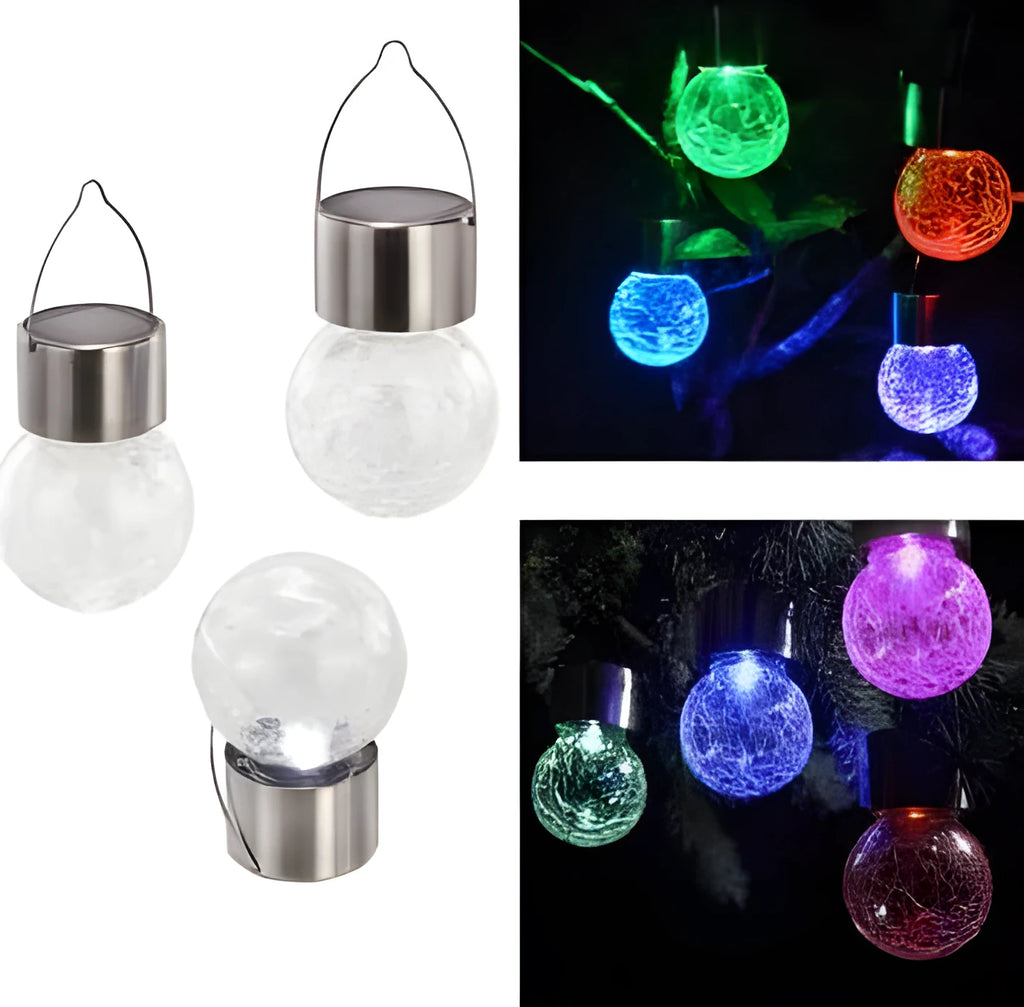 Solar cracked glass pendant light with rubber body and LED glow in garden setting