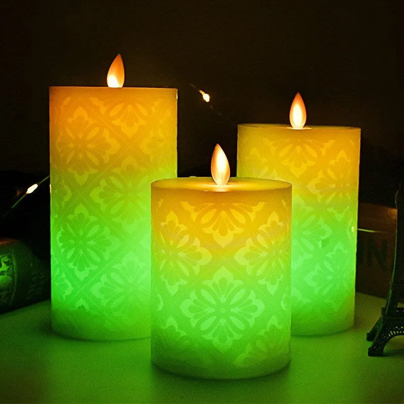 LED hollow pattern paraffin electronic candle cylindrical shape 8x10cm battery operated remote control