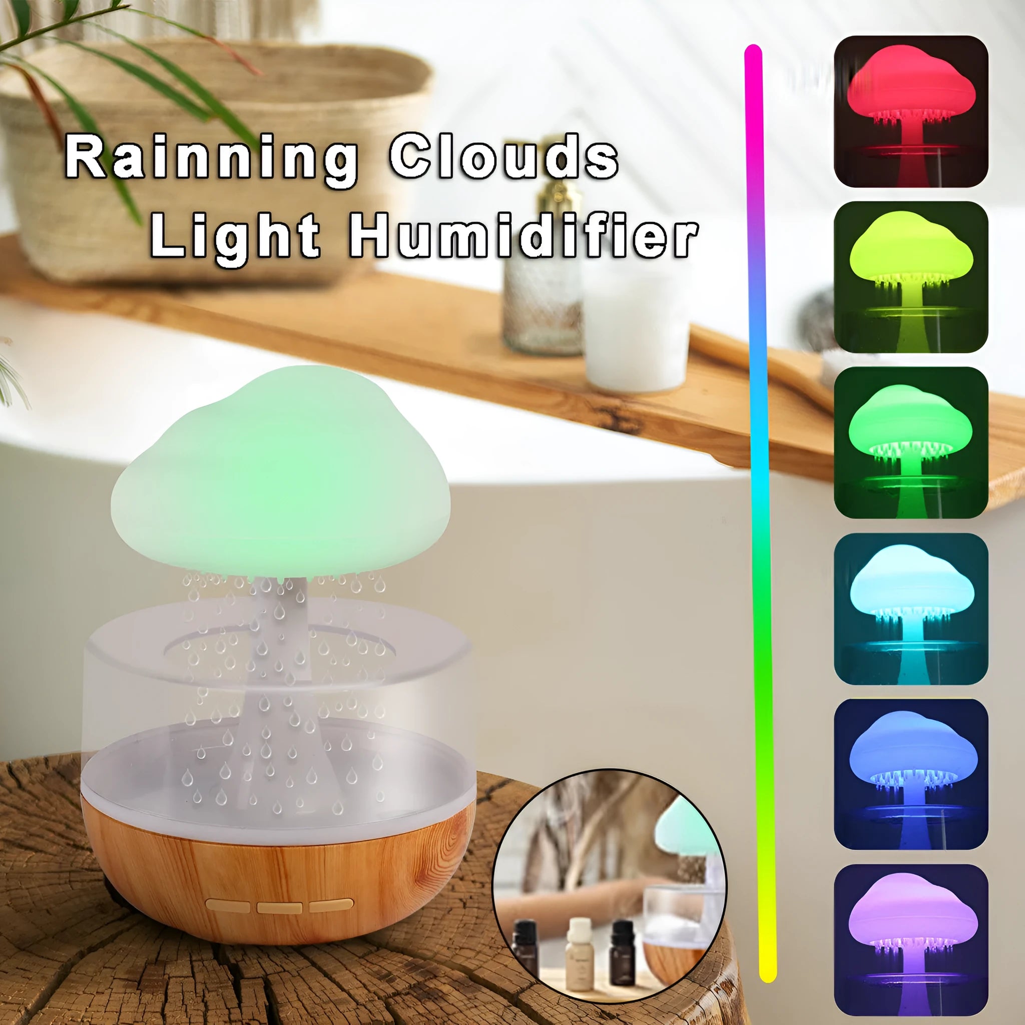 White cloud-shaped portable humidifier with coloured night light on a wooden table.