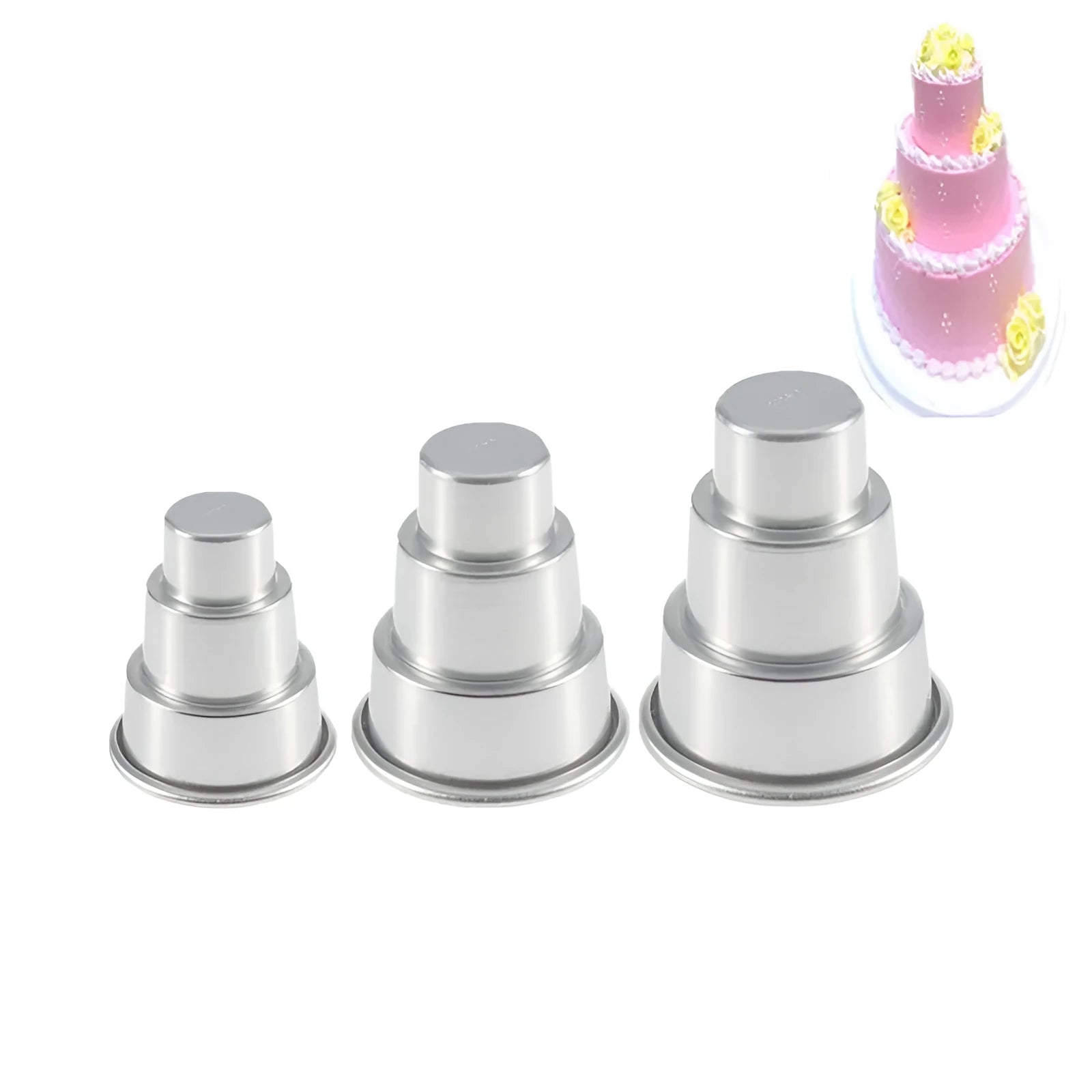 Set of three silver aluminium alloy cake moulds in large, medium, and small sizes for layered desserts.