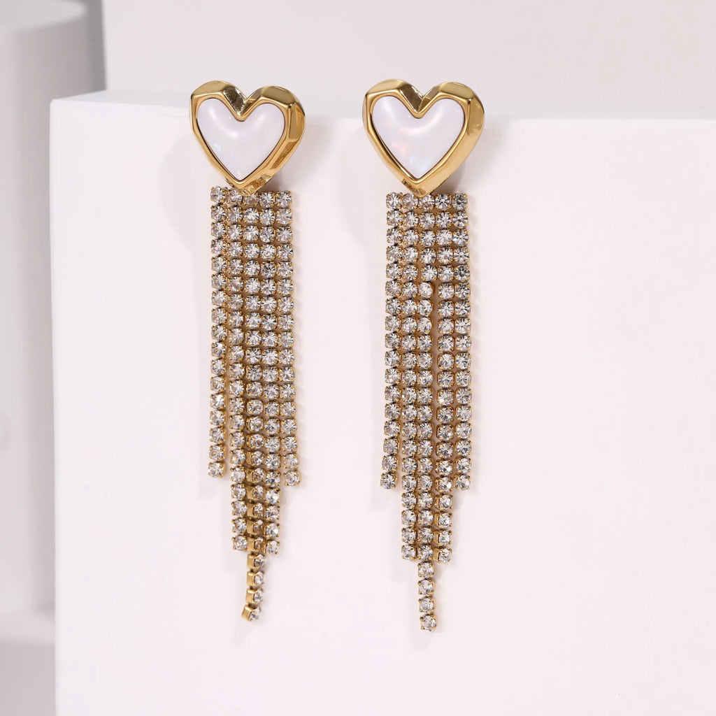 Stainless steel love heart earrings with diamond tassel detailing and electroplated 18K finish