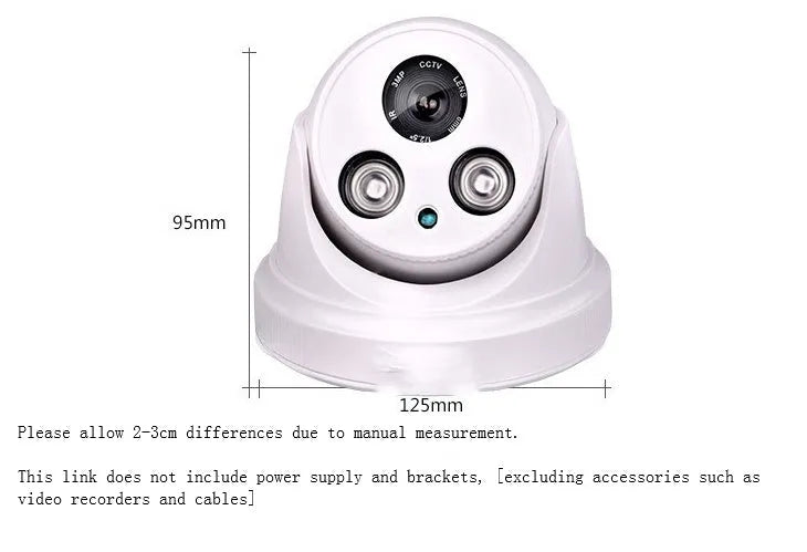 Dome surveillance camera with 3.6mm lens, 1200 TVL CMOS sensor and 10m infrared night vision for indoor use.