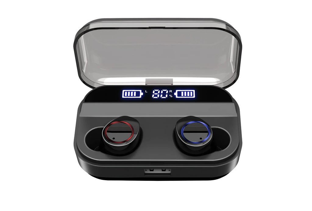 Black X11 Bluetooth wireless earbuds with a matching charging case and assorted silicone ear tips.
