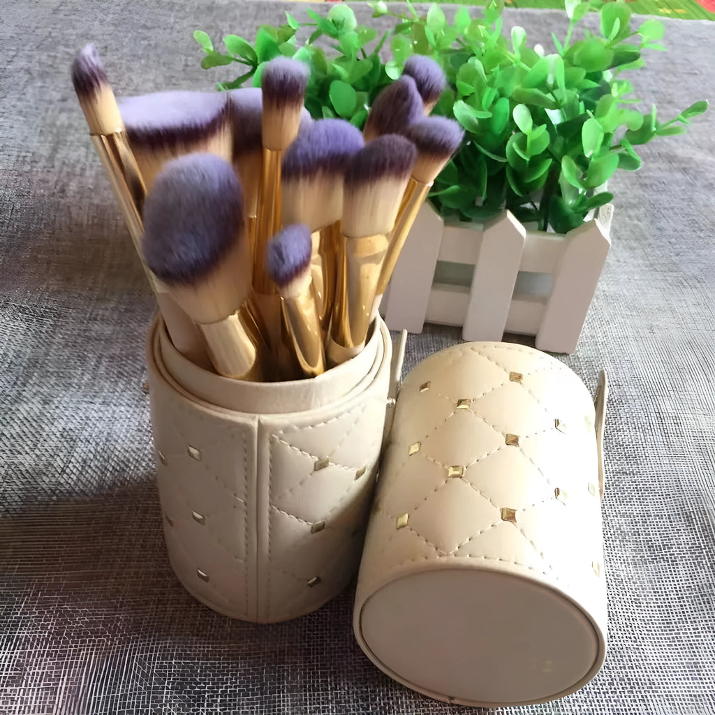 Beige white iron drill storage bucket with 12 makeup brushes with wooden handles and two-colour fibre bristles