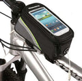 Roswheel PVC bicycle frame bag in black holding an iPhone mounted on a bike frame