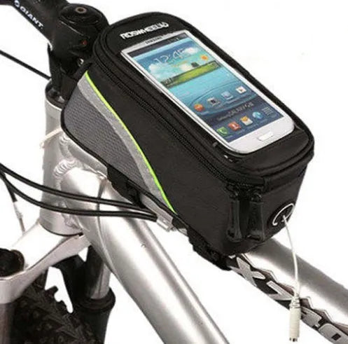 Roswheel PVC bicycle frame bag in black holding an iPhone mounted on a bike frame