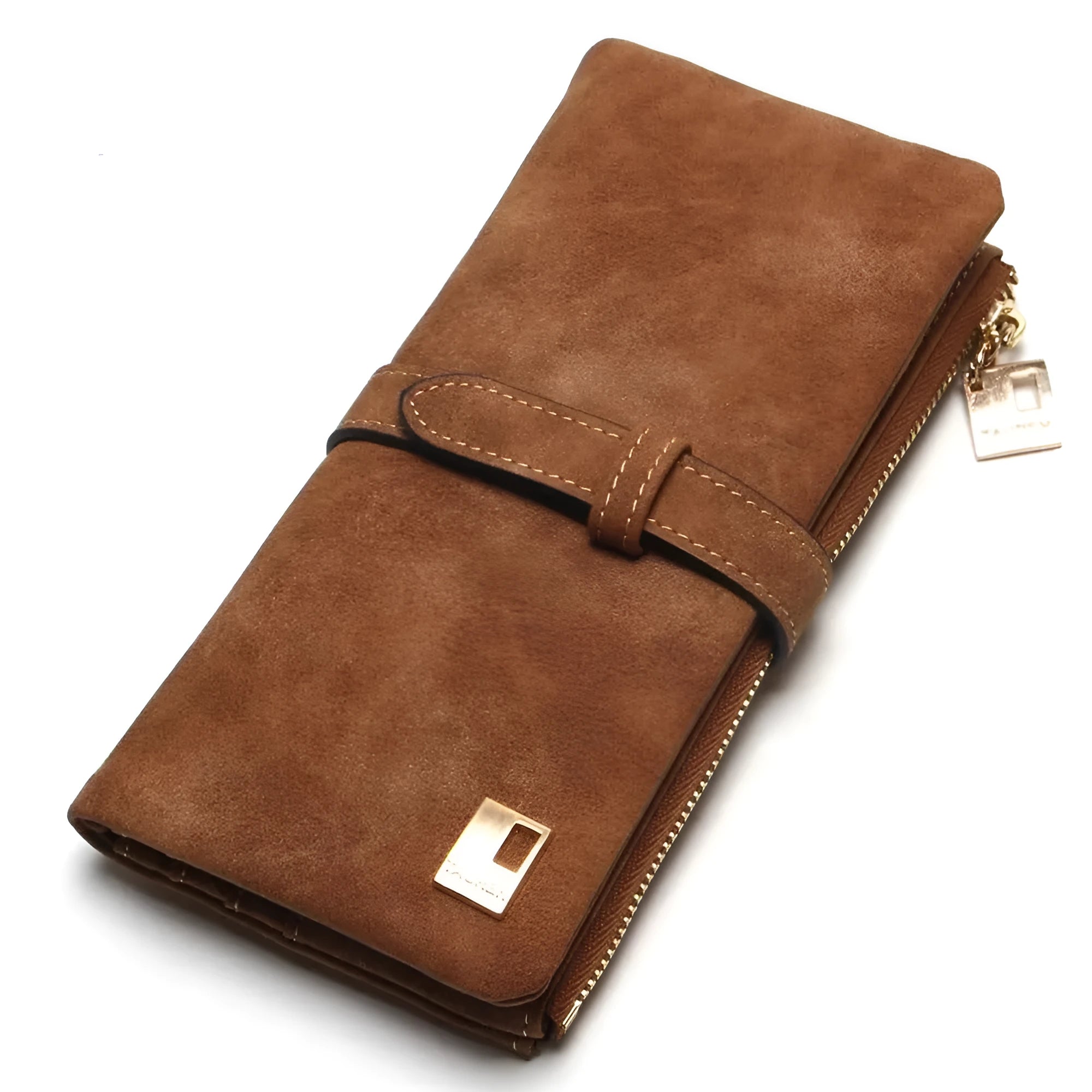 Korean retro style long wallet for women in matte PU leather, shown open to reveal card slots, phone pocket, and zipper closure.