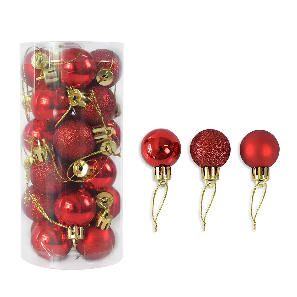 Small 3cm diameter shiny matte plastic Christmas bauble in assorted colours including gold, red, silver, and blue.