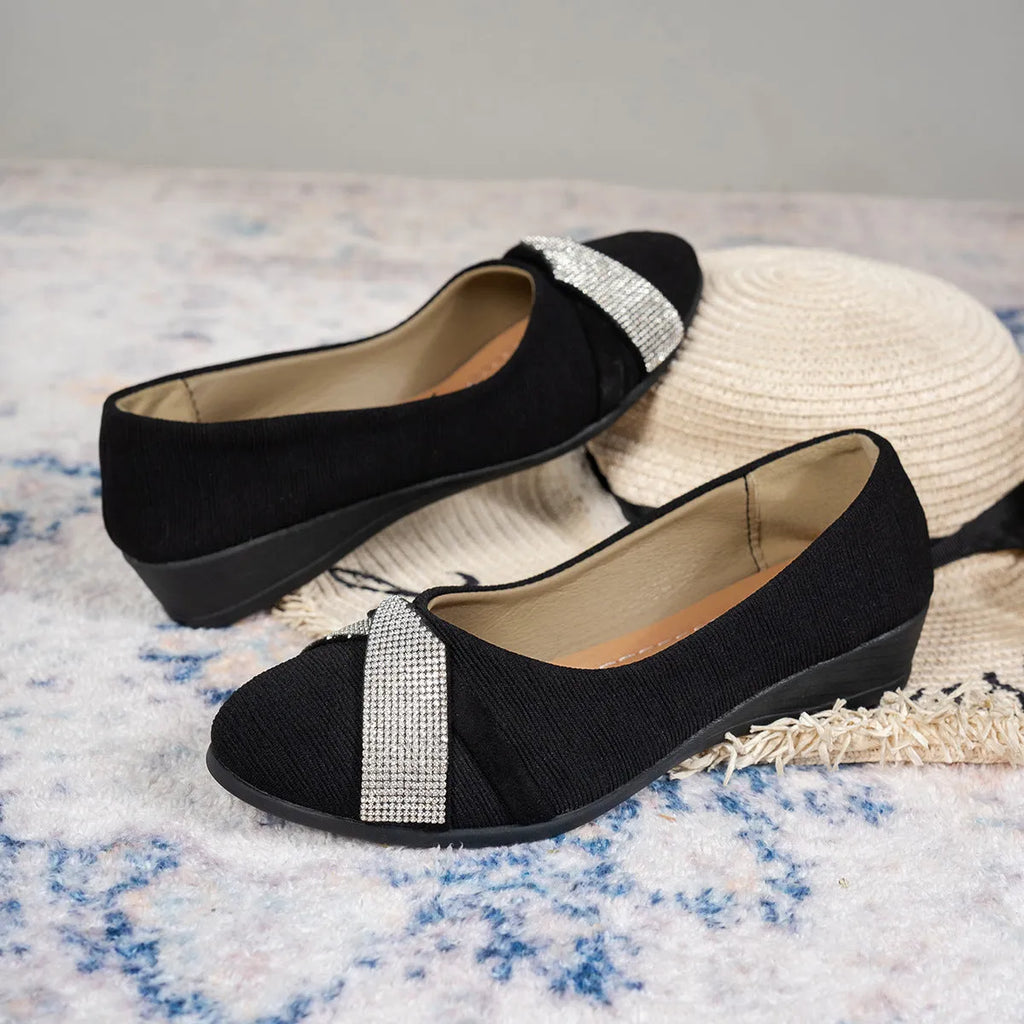 Women's black casual slip-on shoes with rhinestones and a chunky heel