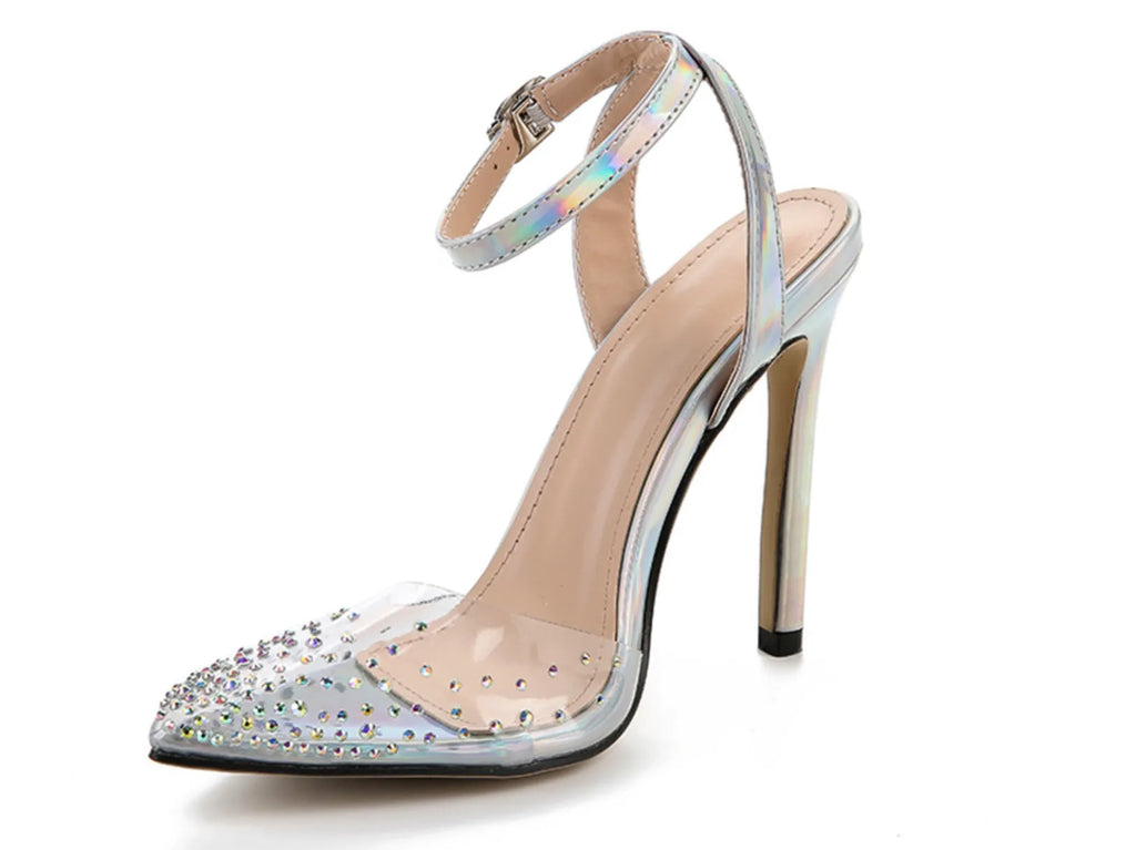 Women's pointed diamond pattern sandals with a stiletto heel, shown in size 38 with a PVC upper.