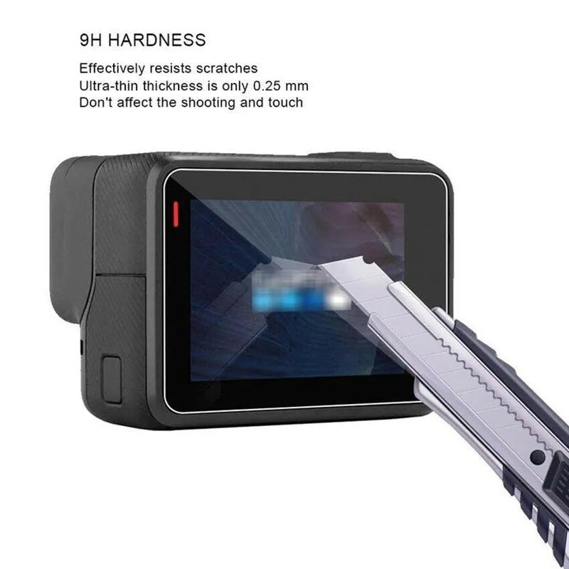 GoPro Hero action camera with transparent 9H tempered glass lens and LCD screen protectors applied.