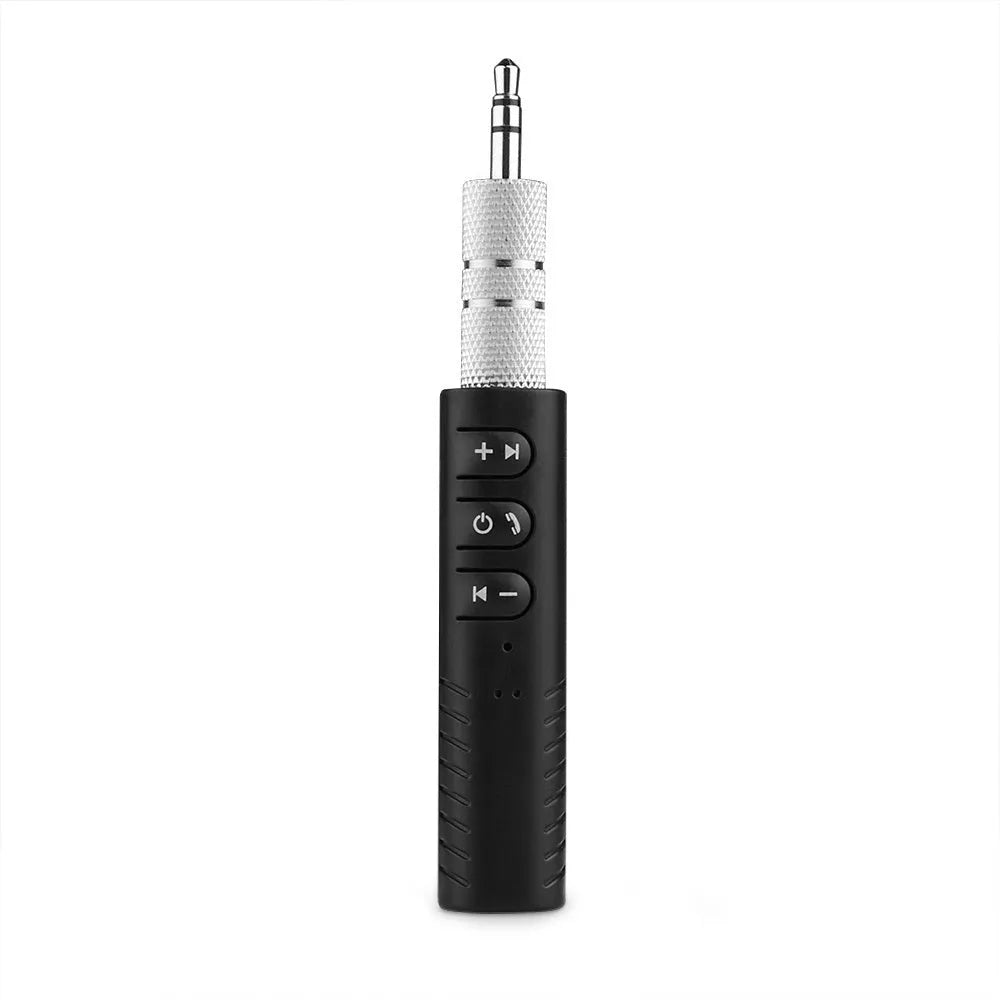 Black plastic Bluetooth audio receiver with 3.5mm plug and Mini USB port, 1.4 x 1.5 x 5.8cm