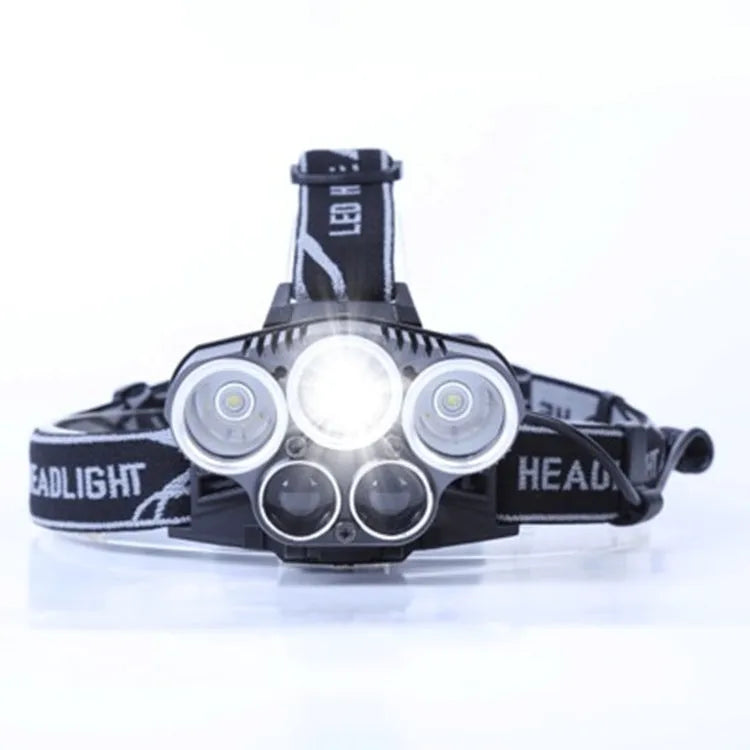 Head-mounted camping light with fixed focus beam, waterproof construction, battery power and LED light source