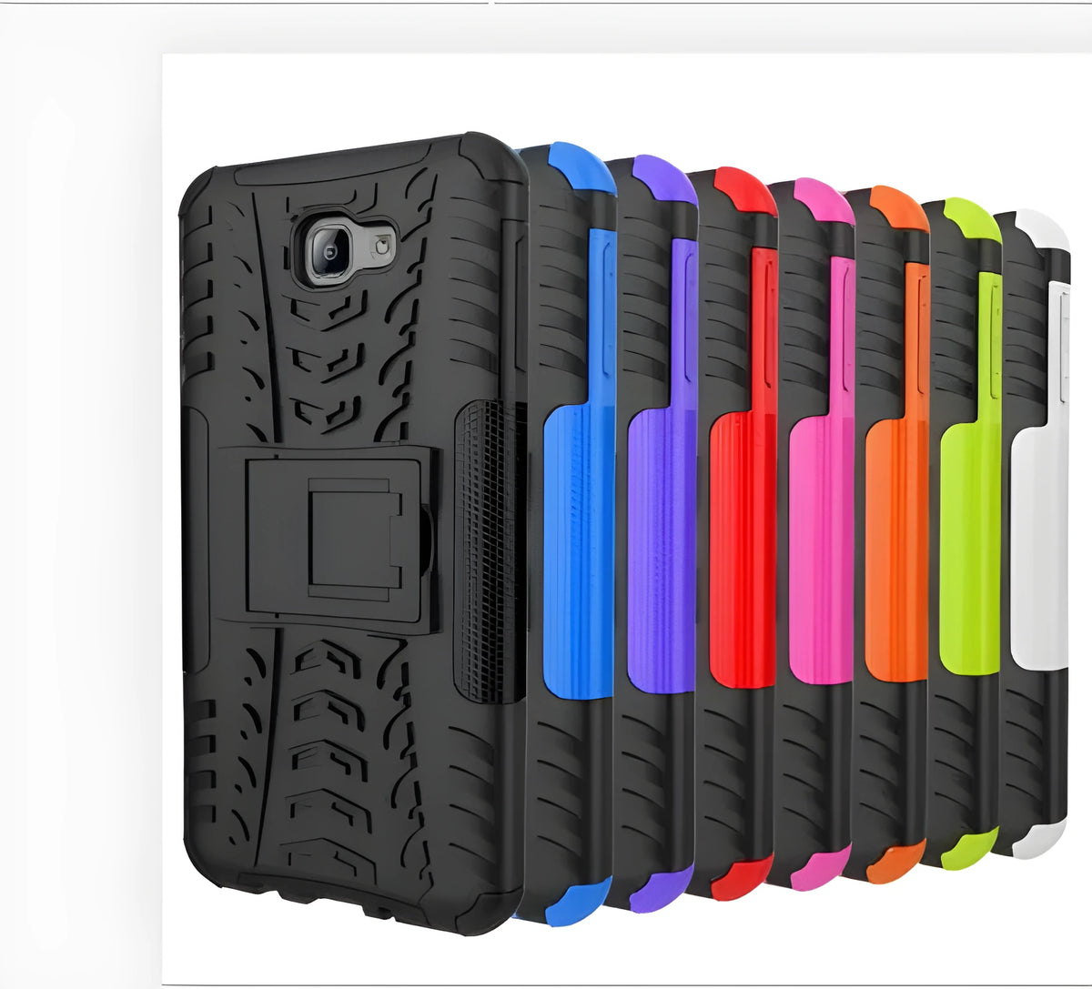 Samsung Galaxy S8 Plus and A10 case with colourful tire pattern, four-corner airbag, built-in stand, and raised lens guard.