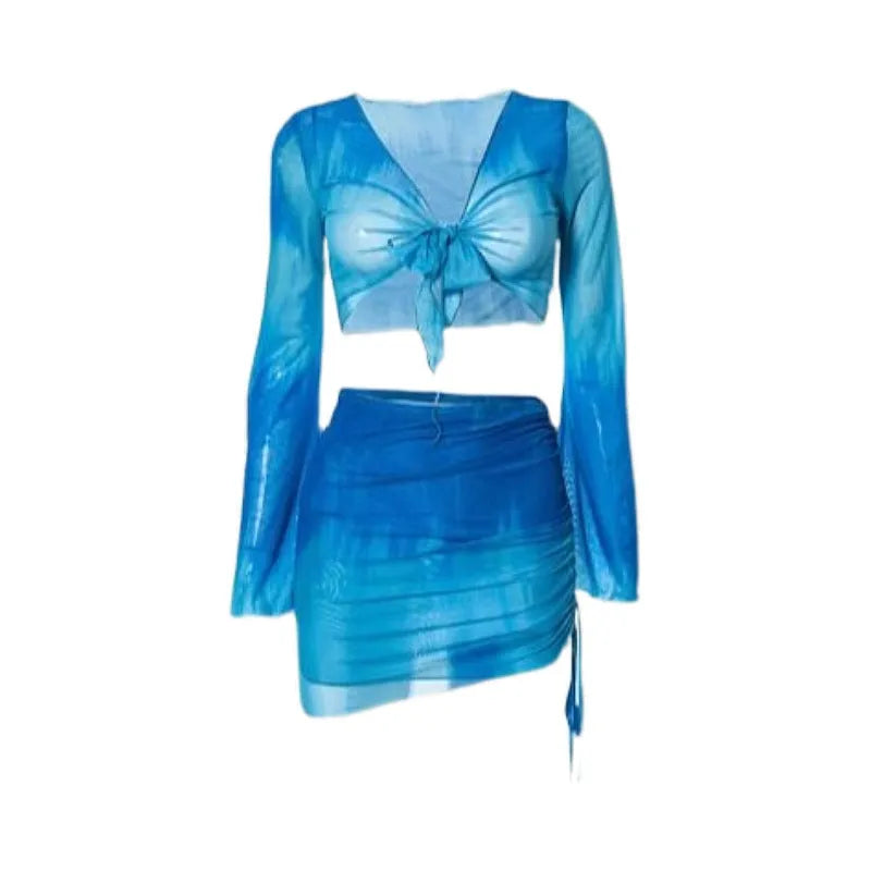 Women's blue high-waist four-piece bikini set with shirt, bra, underwear, and skirt on a mannequin