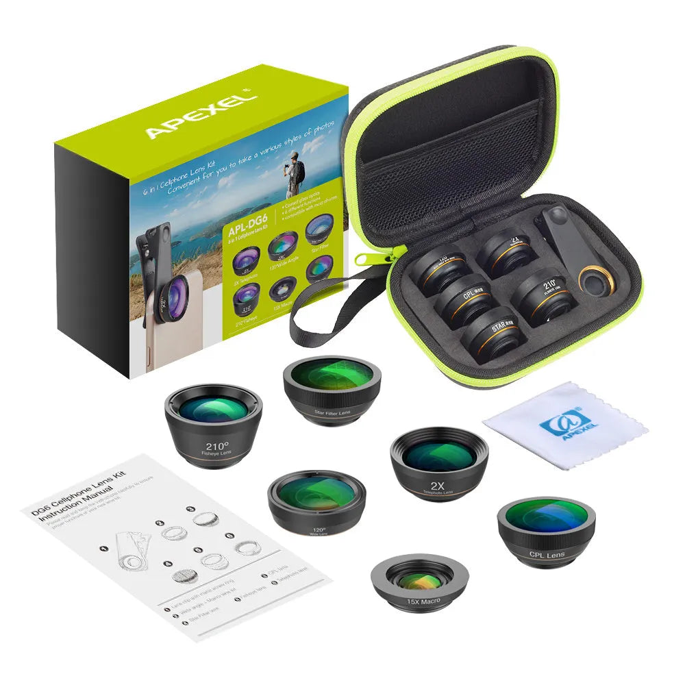 6 in 1 smartphone camera lens kit with fisheye, wide angle, macro and telephoto lenses in black aluminium housings