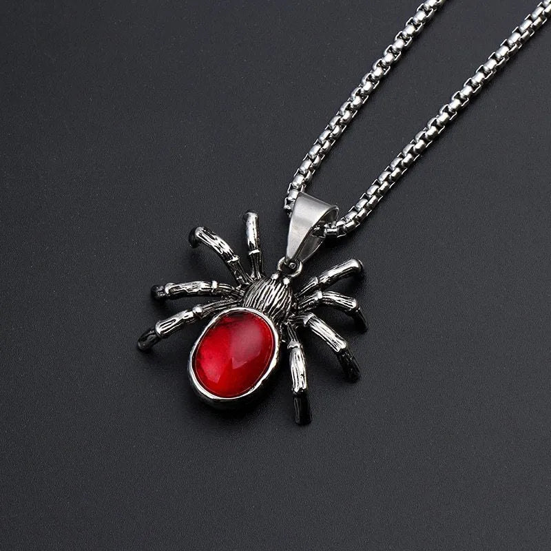 Men's vintage black widow spider pendant necklace with red crystal detail on zinc alloy link chain