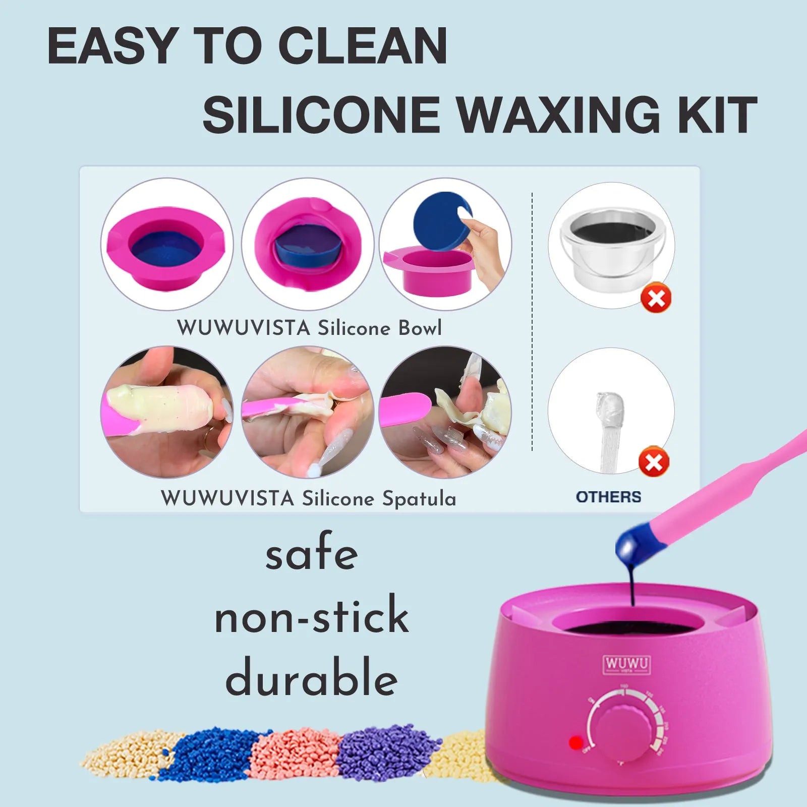 WUWUVISTA 63-piece waxing kit with black wax warmer, wax beads, application sticks, and post-epilation lotion