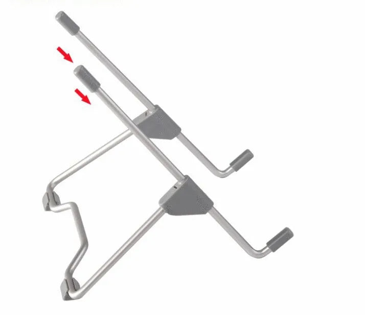 Grey aluminium alloy and engineering plastic mobile phone and laptop stand on a desk.