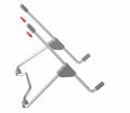 Grey aluminium alloy and engineering plastic mobile phone and laptop stand on a desk.