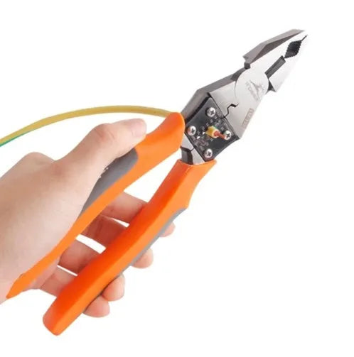 Orange handled multi-function wire cutter 118-129 with alloy steel head for stripping and crimping