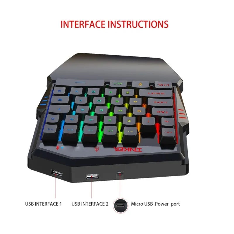 HXSJ K99 Bluetooth one-handed gaming keyboard and wired mouse set in black with phone holder