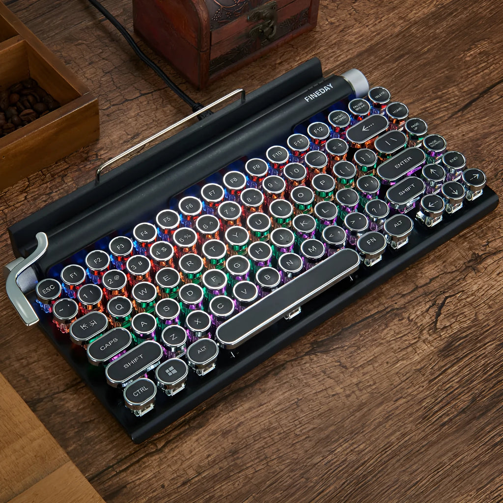 Dot retro typewriter mechanical Bluetooth keyboard with black finish and seven-colour backlight
