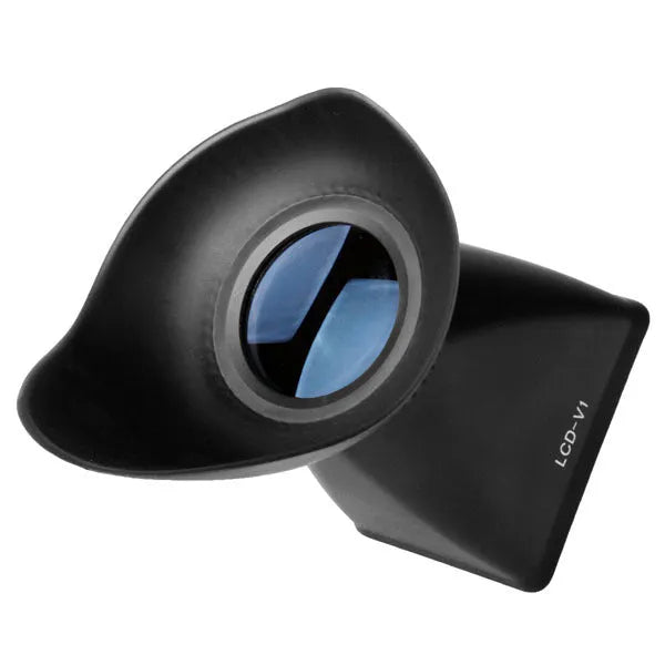 Black camera LCD viewfinder amplifier with optical lens, shown attached to a DSLR for outdoor video use.