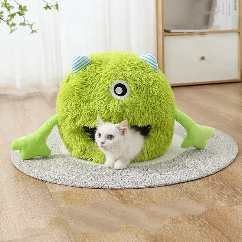 A round, fluffy plush cat bed with a non-slip base, shown in three size options for small, medium, and large pets.