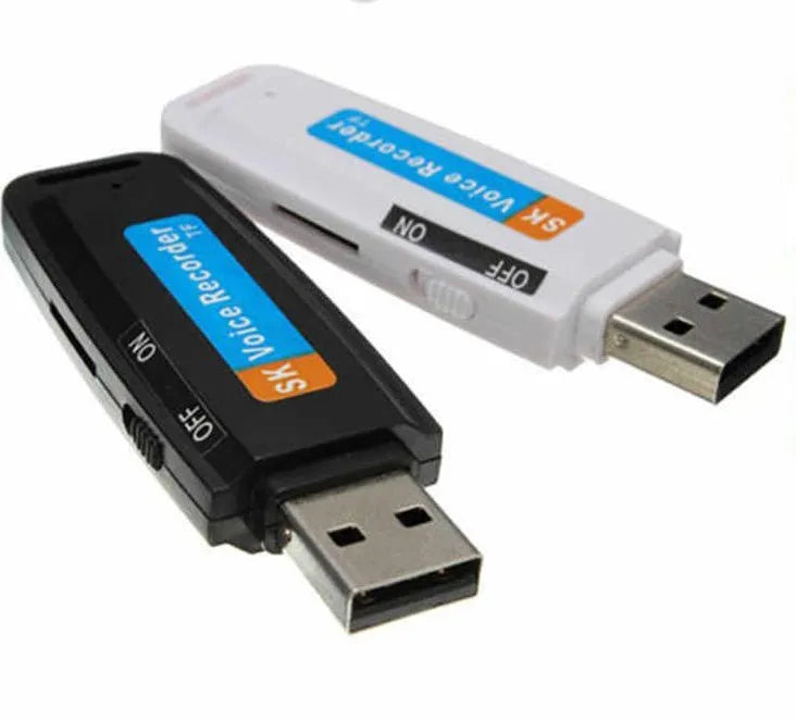 Black and white USB flash drive with voice recording function showing 70mm length