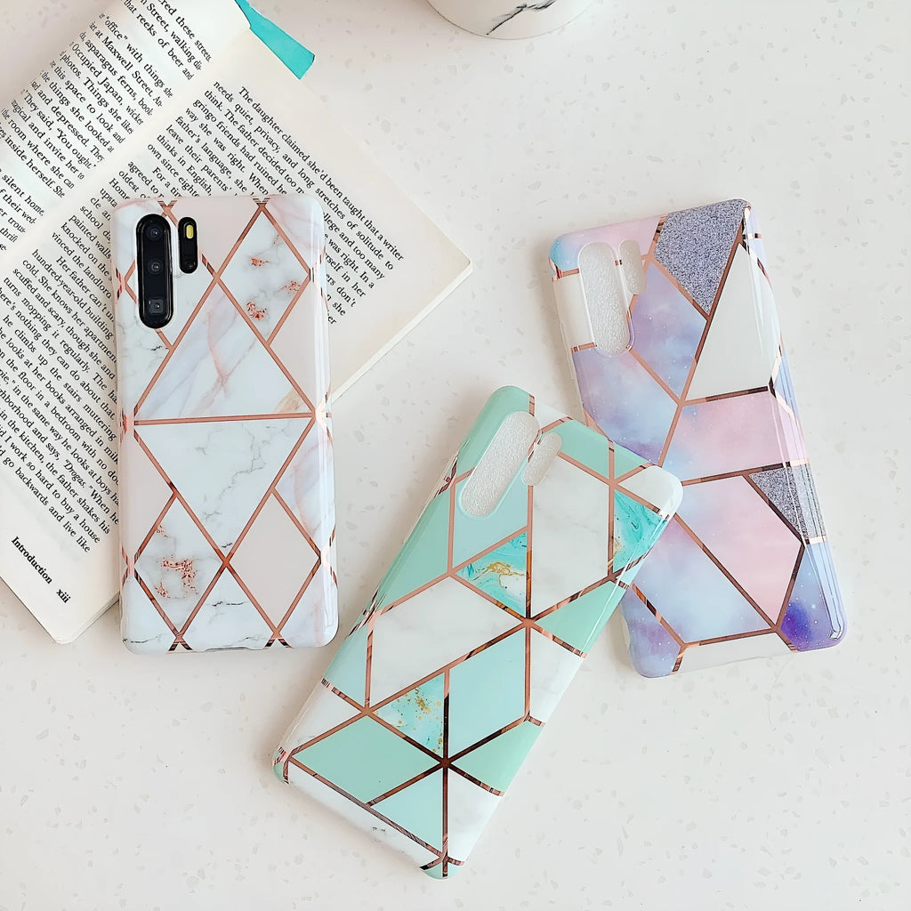 Electroplated marble phone case for Huawei and Samsung smartphones in multiple colour options