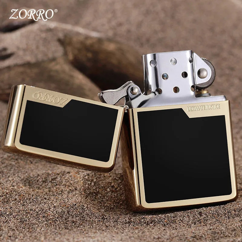 Titanium colour block kerosene lighter with copper shell, wire drawing finish, 58x39x13mm, five hinges