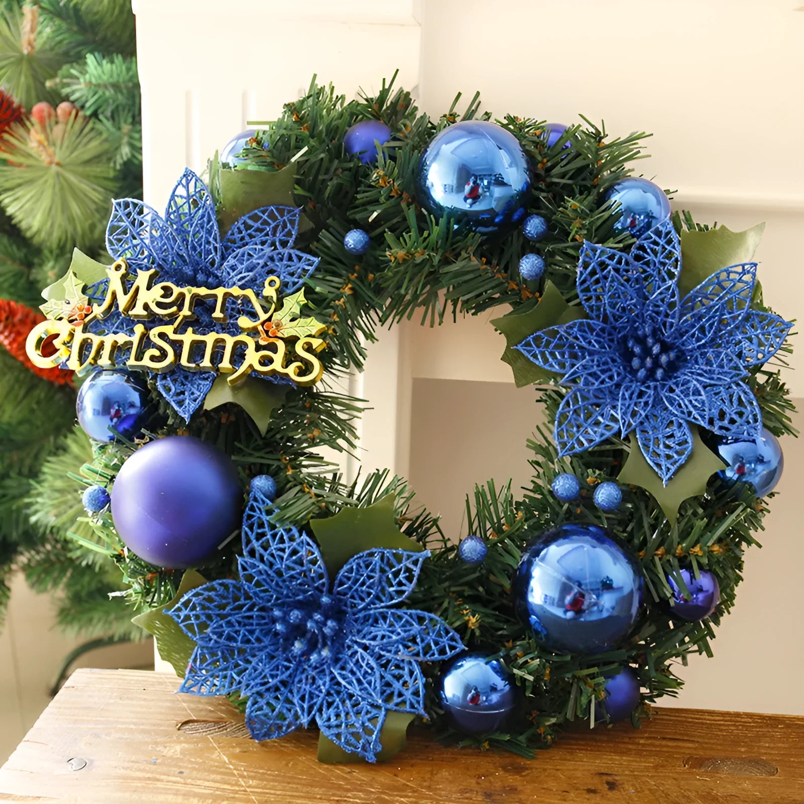 30cm diameter plastic Christmas wreath in multicolour decoration for a front door