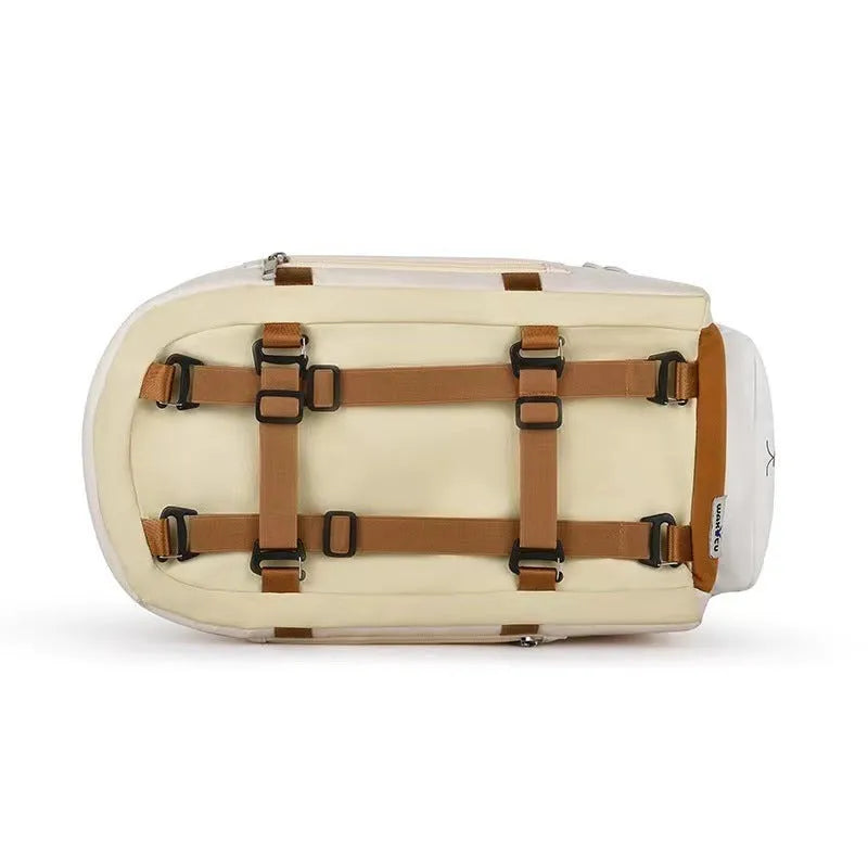 Beige hard-sided pet carrier with one shoulder strap measuring 43x25x22.5cm