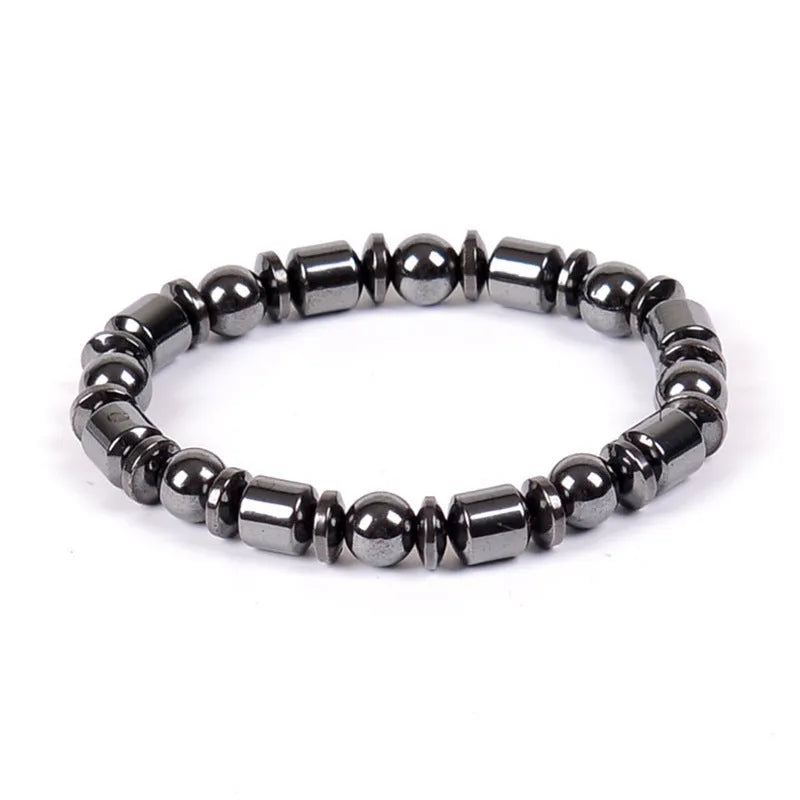 Black stretch bracelet with a pentagram stone, made from magnetite and hematite.