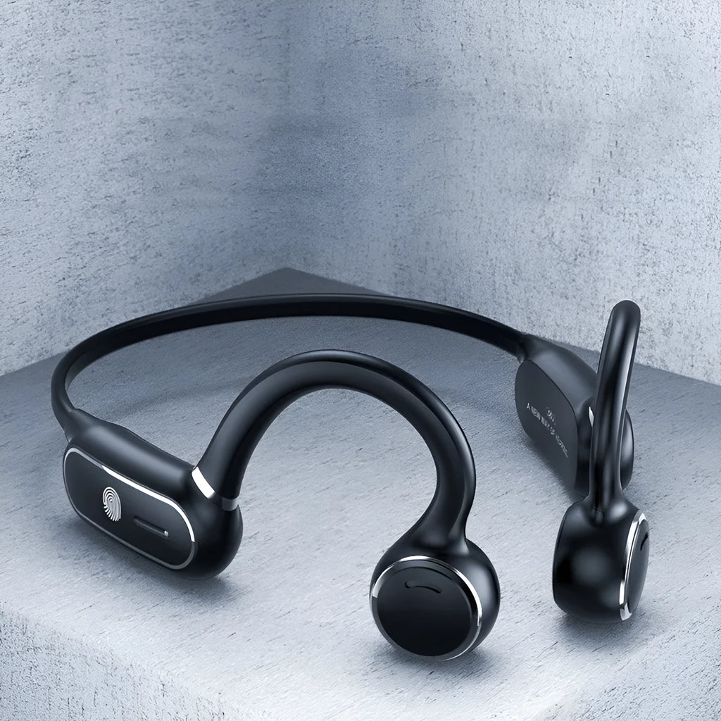 Black or white air conduction Bluetooth wireless earphones with ear-hook design and touch controls
