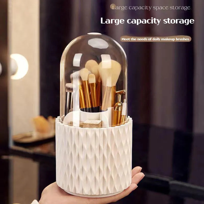 White transparent acrylic rotating makeup brush storage holder with dust-proof lid on desktop