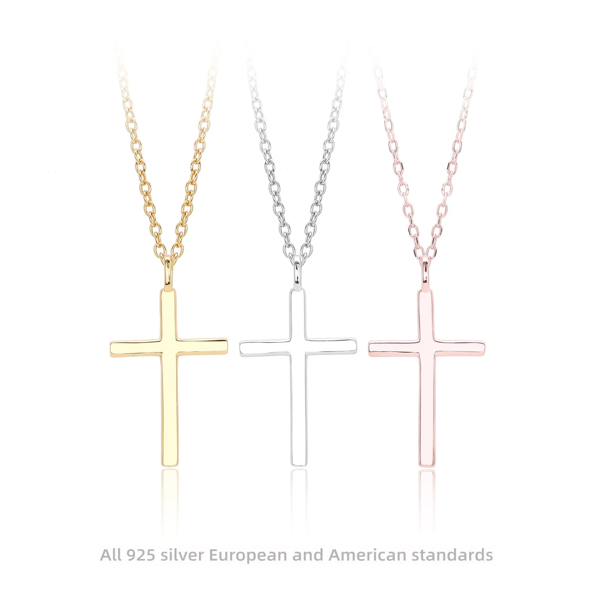 Sterling silver cross pendant necklace on O-shaped chain with gold, platinum, and rose gold plating options