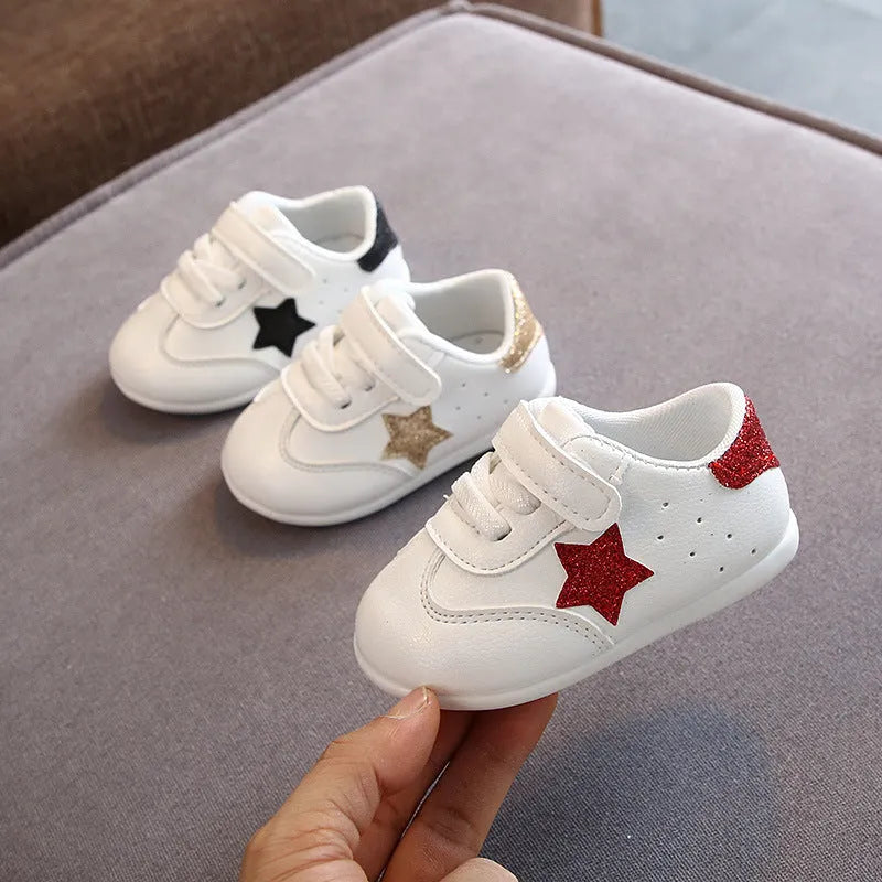 Toddler soft sole shoes with Velcro fastening, Korean embroidery, in white black colourway