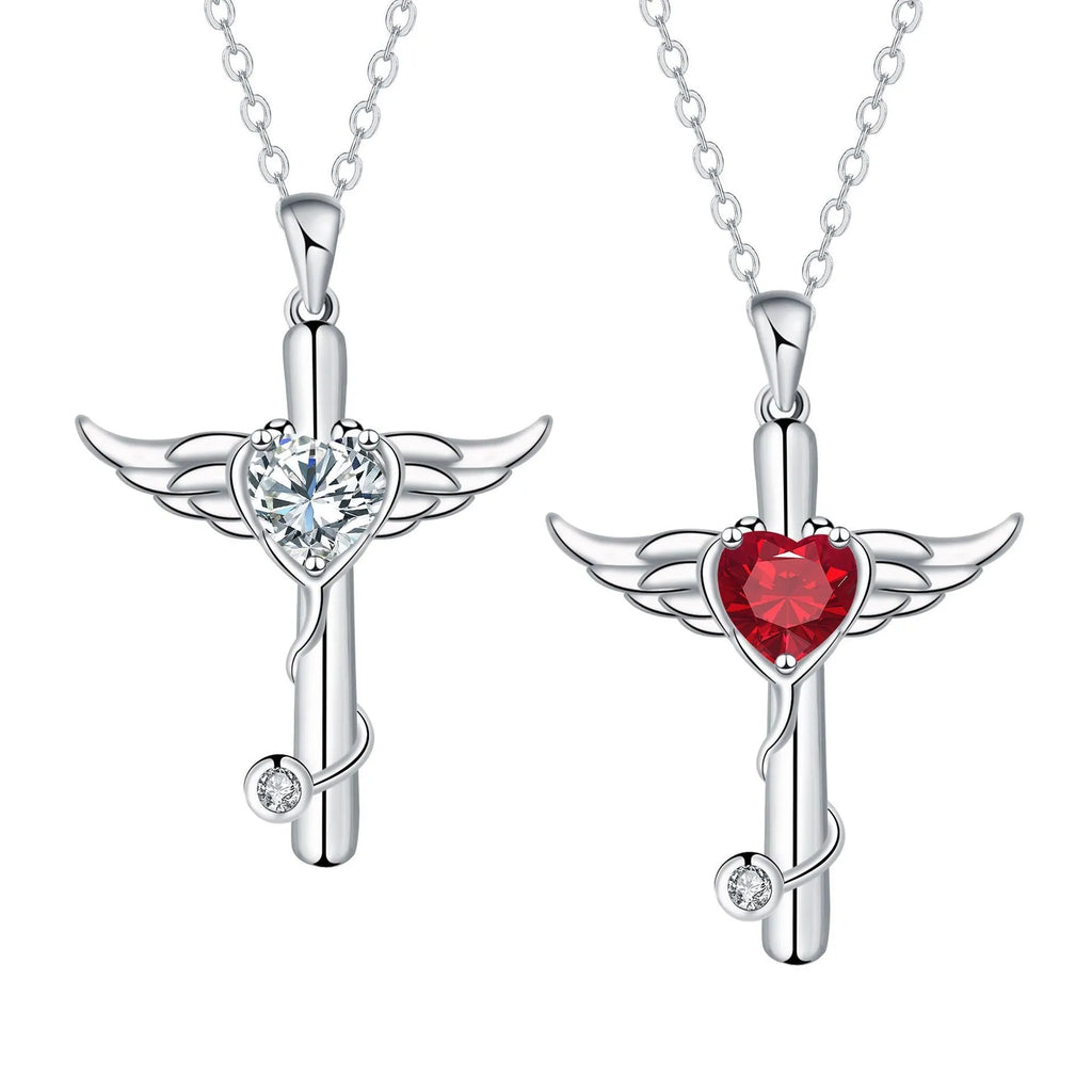 Women's copper wings cross stethoscope necklace with electroplated finish in red diamond colour option