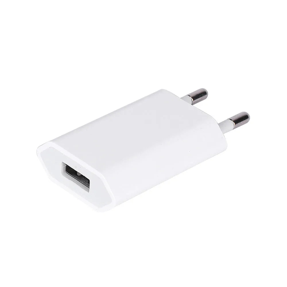 White USB wall charger and Lightning cable for iPhone and iPad models on a grey background.