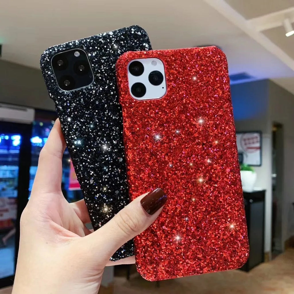 Glitter sequin PC phone case for iPhone models with raised camera frame in black colour option