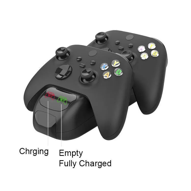 Black wireless charging station for two Xbox Series X|S controllers with LED lights, shown with battery packs.