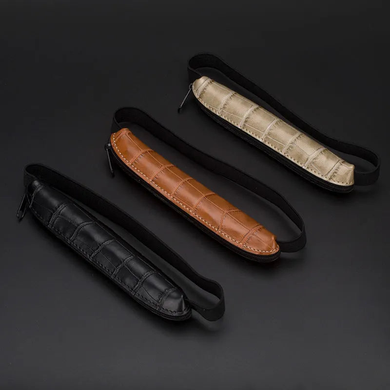 Long PU leather pencil case in beige gray with plain design and zipper closure