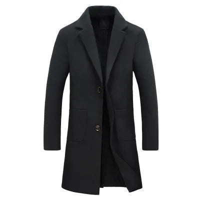 Men's mid-length slim woolen coat with single-breasted placket, lapel collar and patch pockets in black, grey or khaki