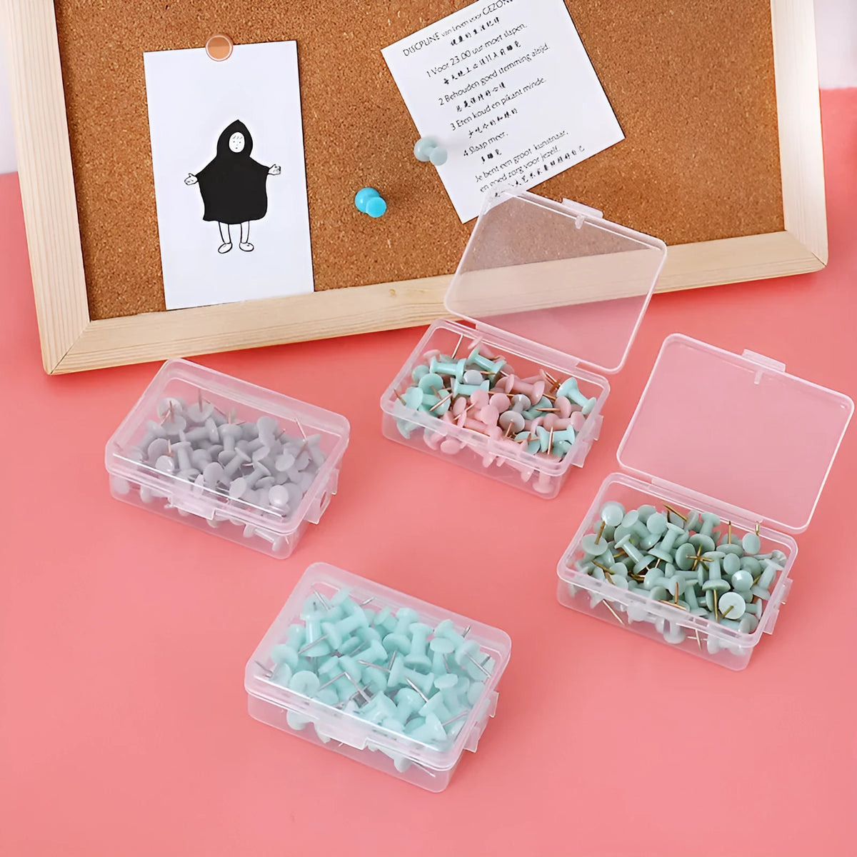 Morandi colour push pins set with star, button, and round head designs in green, grey, and pink colours
